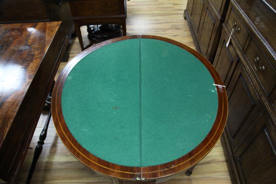 A George III mahogany and marquetry inlaid demi lune card table, W.3ft 3in.